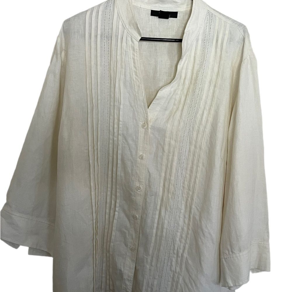 Style & Co. Woman’s Blouse Sz 22W Linen Pleated Classic Ivory V-Neck Button